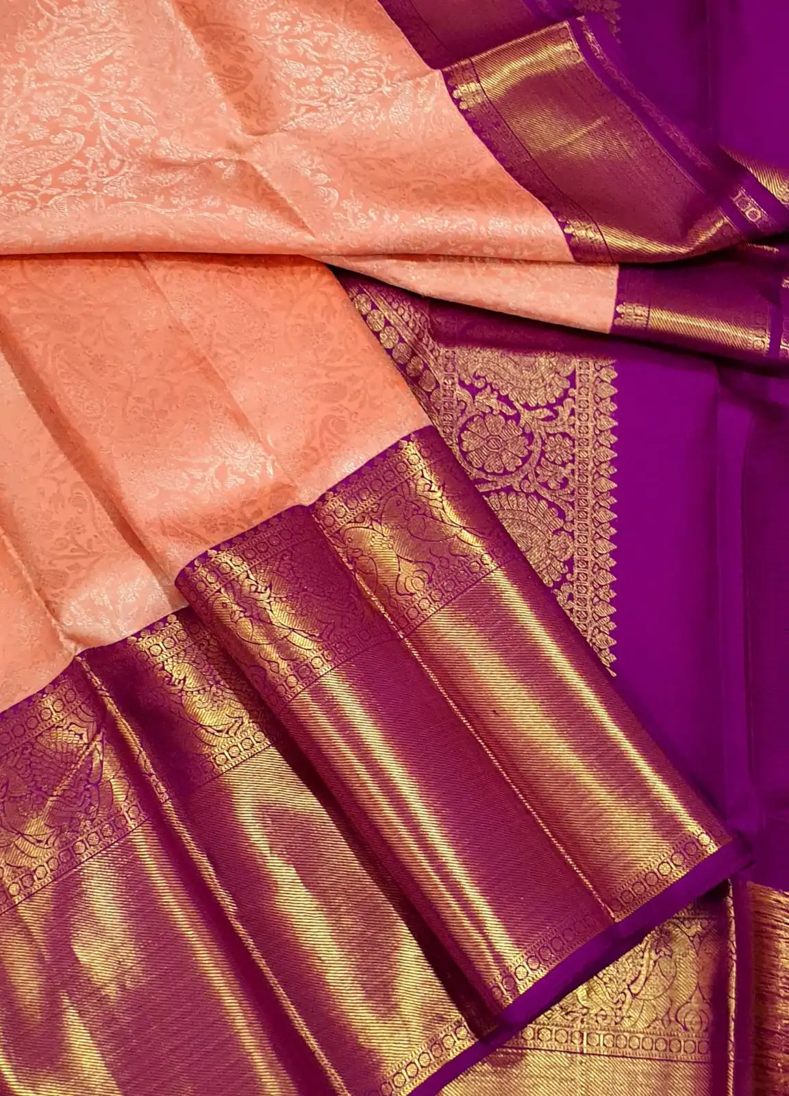 Kanchipuram Peach Purple Brocade Bridal Silk Saree